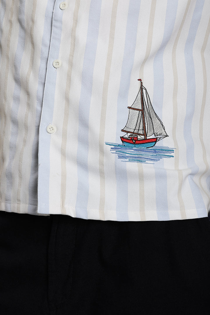 Vintage Ship : Stripes Embroidery Cuban Shirt