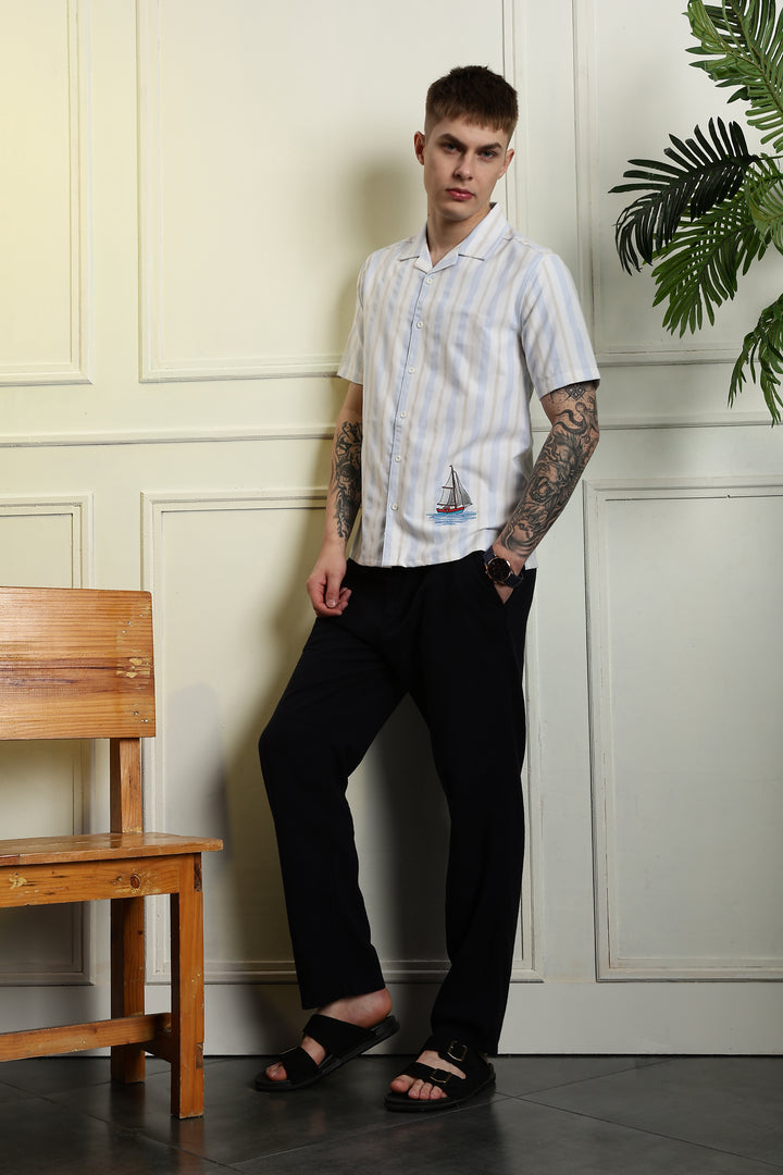 Vintage Ship : Stripes Embroidery Cuban Shirt