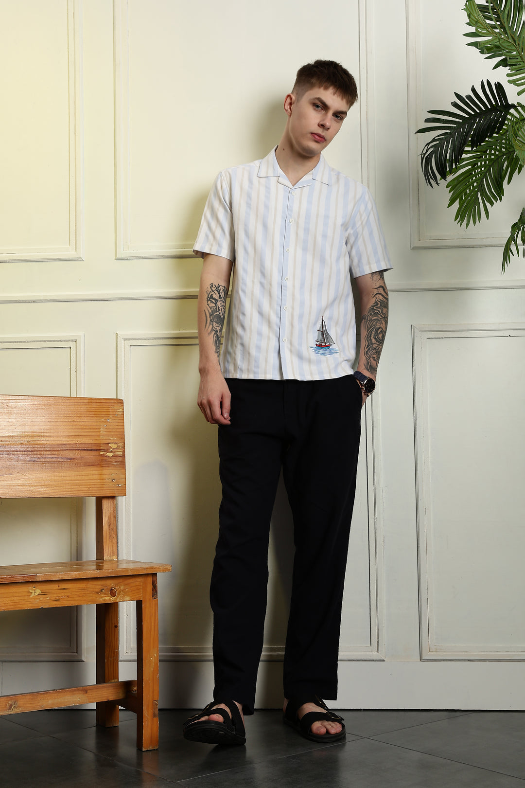 Vintage Ship : Stripes Embroidery Cuban Shirt