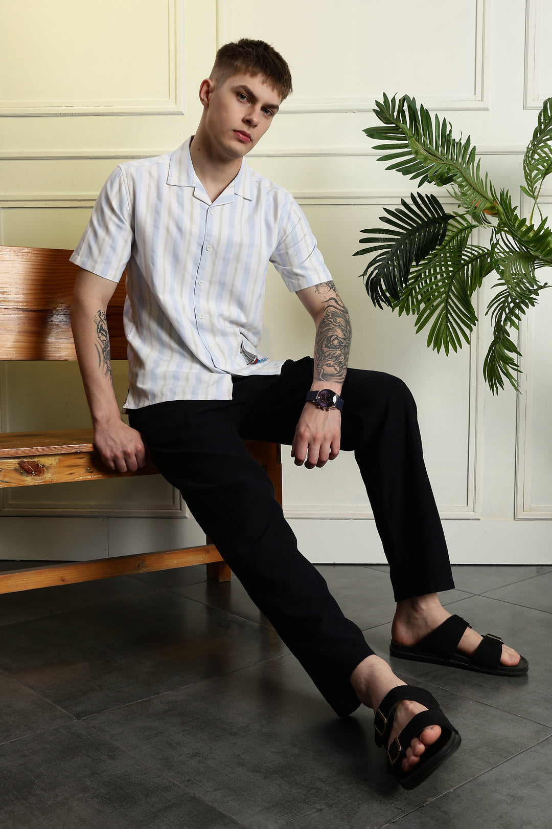 Vintage Ship : Stripes Embroidery Cuban Shirt