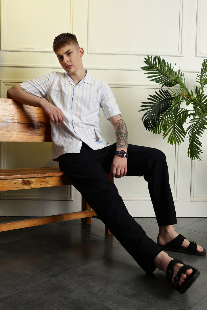 Vintage Ship : Stripes Embroidery Cuban Shirt