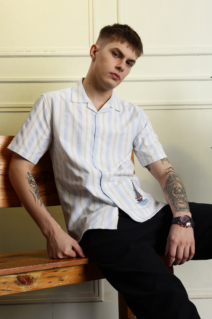 Vintage Ship : Stripes Embroidery Cuban Shirt
