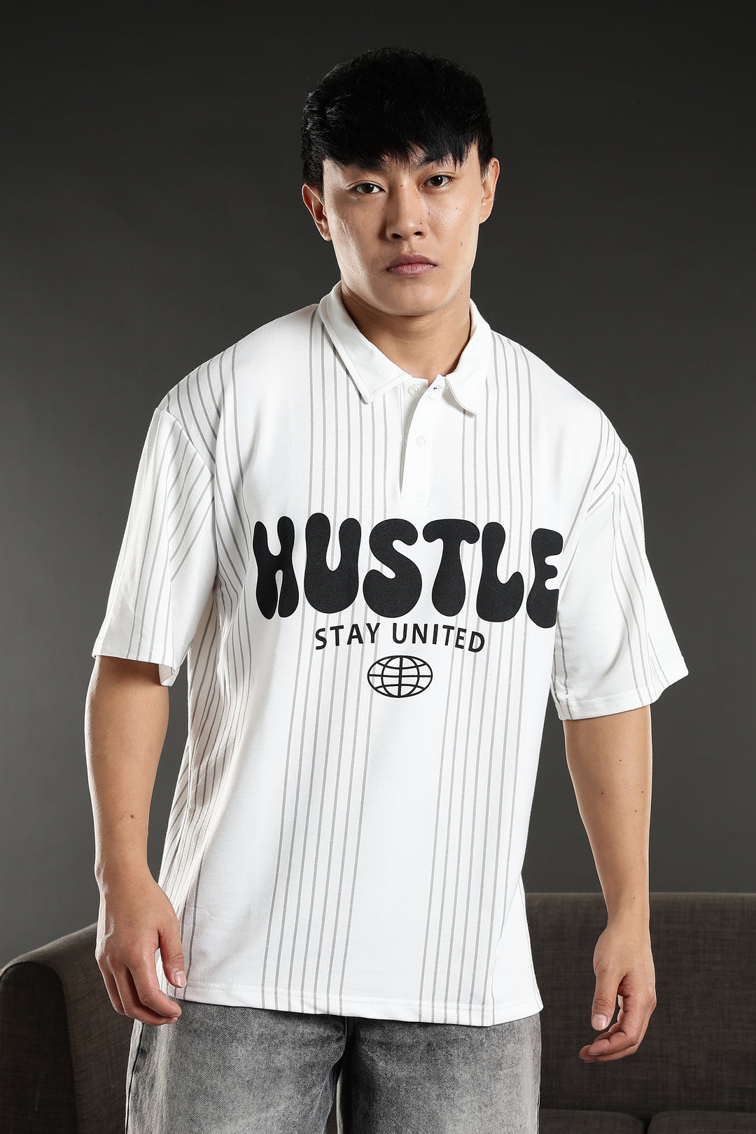 Hustle: White Oversized Polo T-shirt