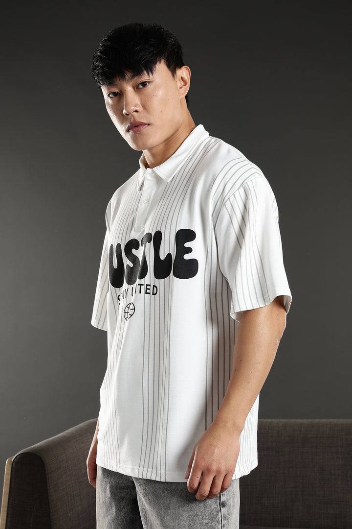 Hustle: White Oversized Polo T-shirt