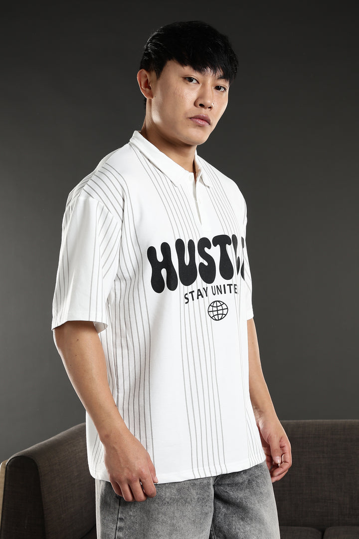 Hustle: White Oversized Polo T-shirt