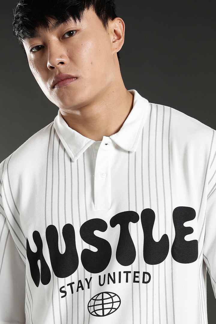 Hustle: White Oversized Polo T-shirt