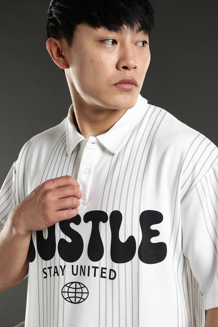 Hustle: White Oversized Polo T-shirt