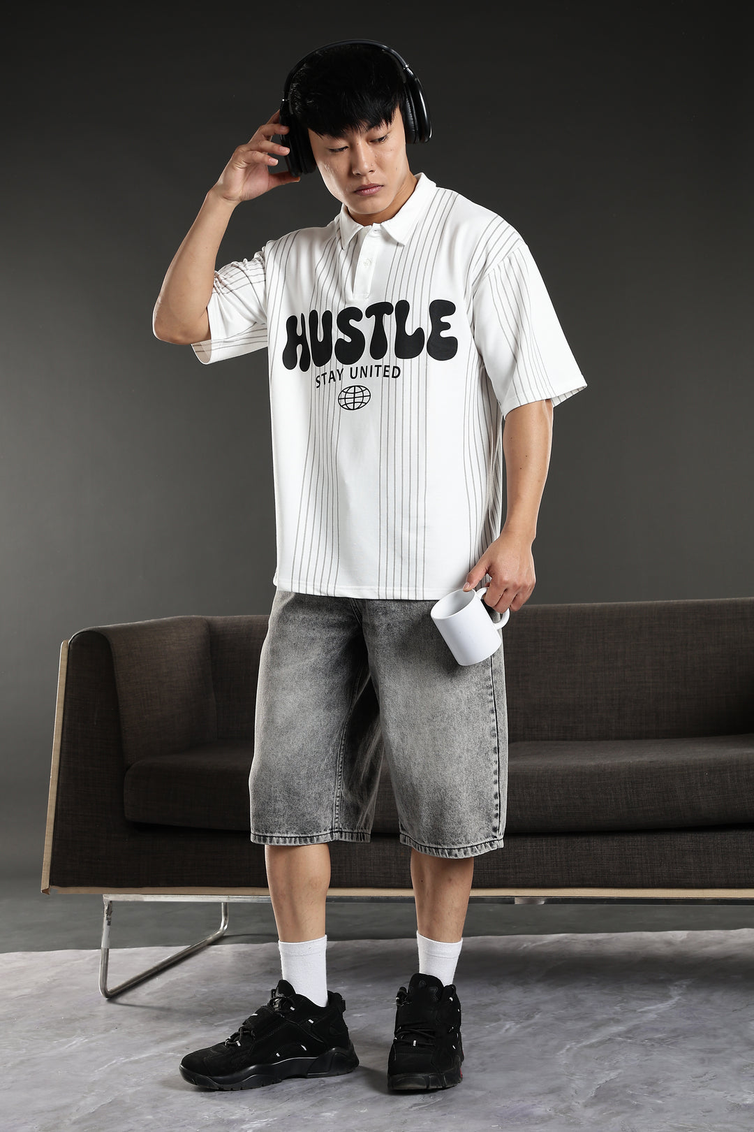 Hustle: White Oversized Polo T-shirt