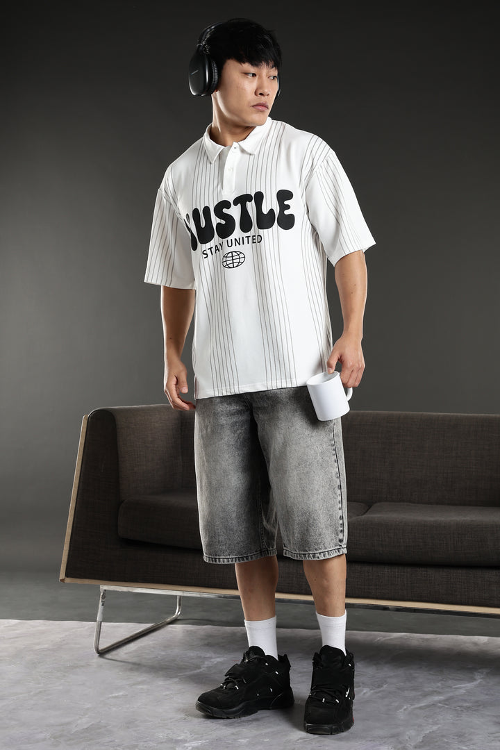 Hustle: White Oversized Polo T-shirt