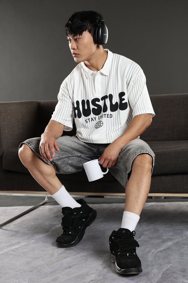 Hustle: White Oversized Polo T-shirt