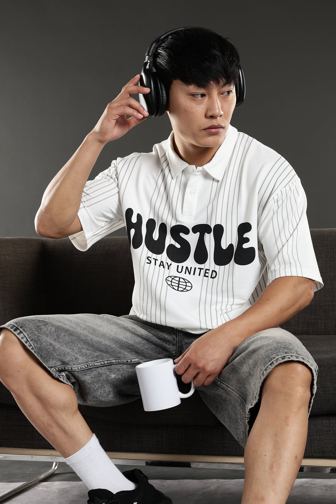 Hustle: White Oversized Polo T-shirt