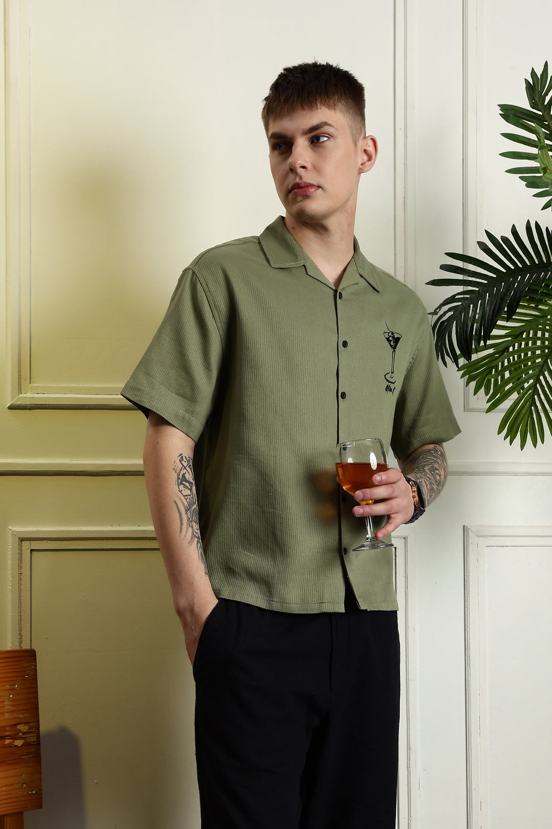Martini: Embroidery Boxy Fit Textured Fabric Shirt