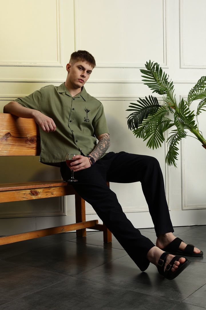 Martini: Embroidery Boxy Fit Textured Fabric Shirt