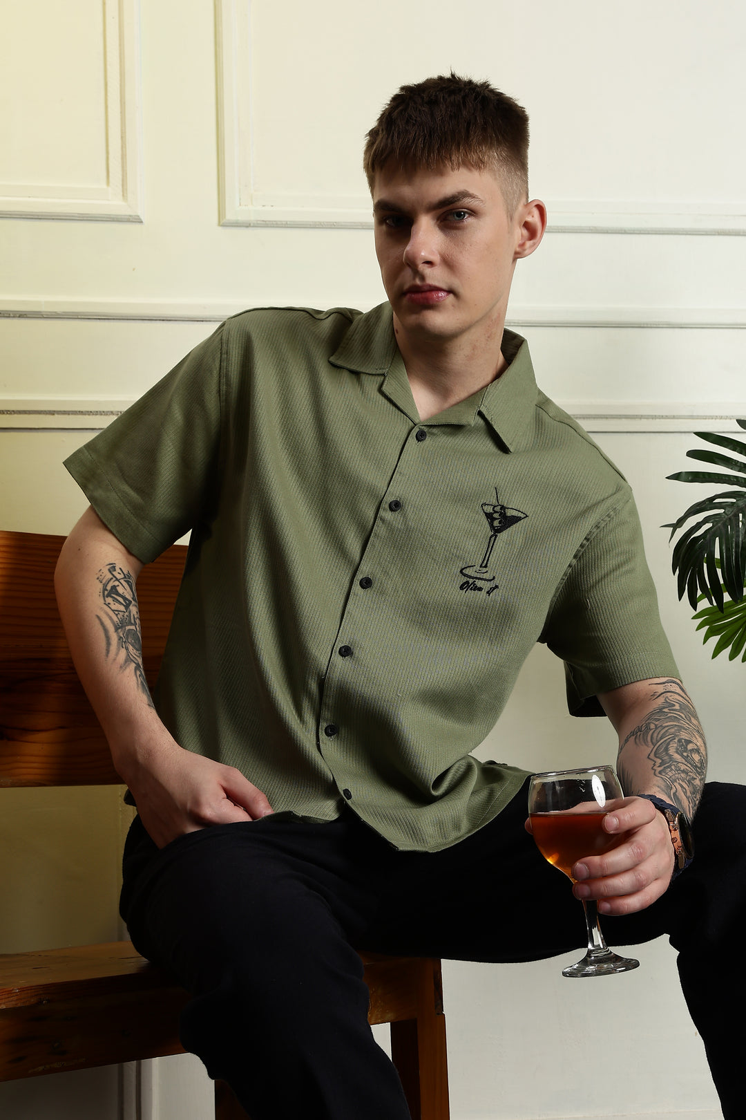 Martini: Embroidery Boxy Fit Textured Fabric Shirt