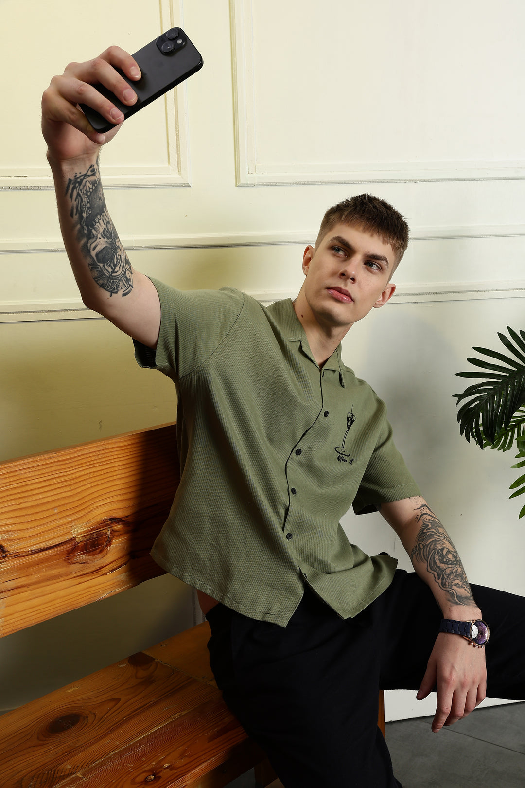 Martini: Embroidery Boxy Fit Textured Fabric Shirt