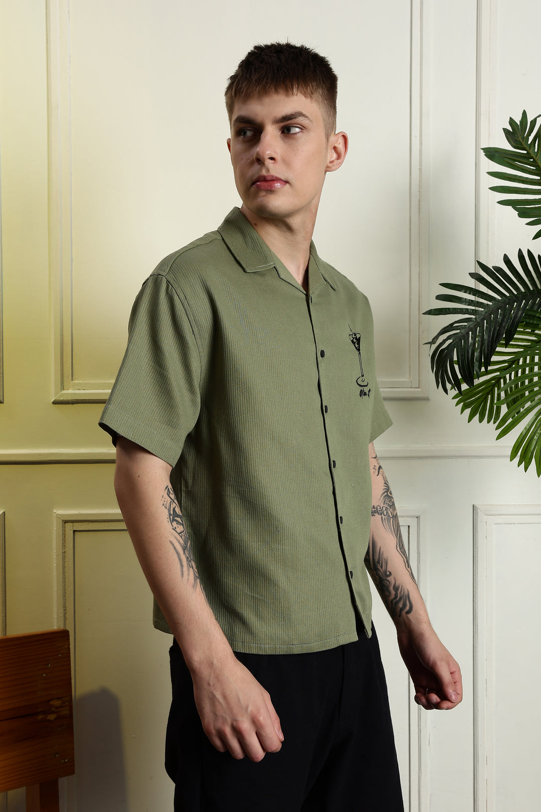 Martini: Embroidery Boxy Fit Textured Fabric Shirt