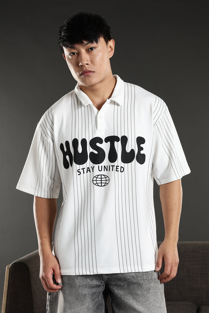 Hustle: White Oversized Polo T-shirt