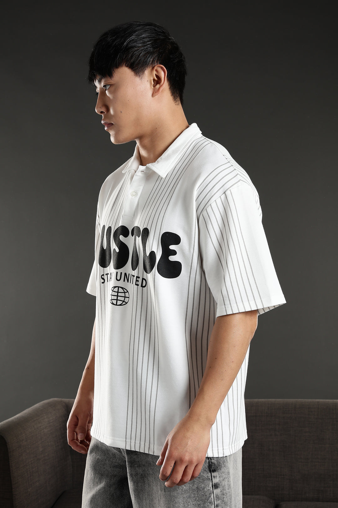 Hustle: White Oversized Polo T-shirt