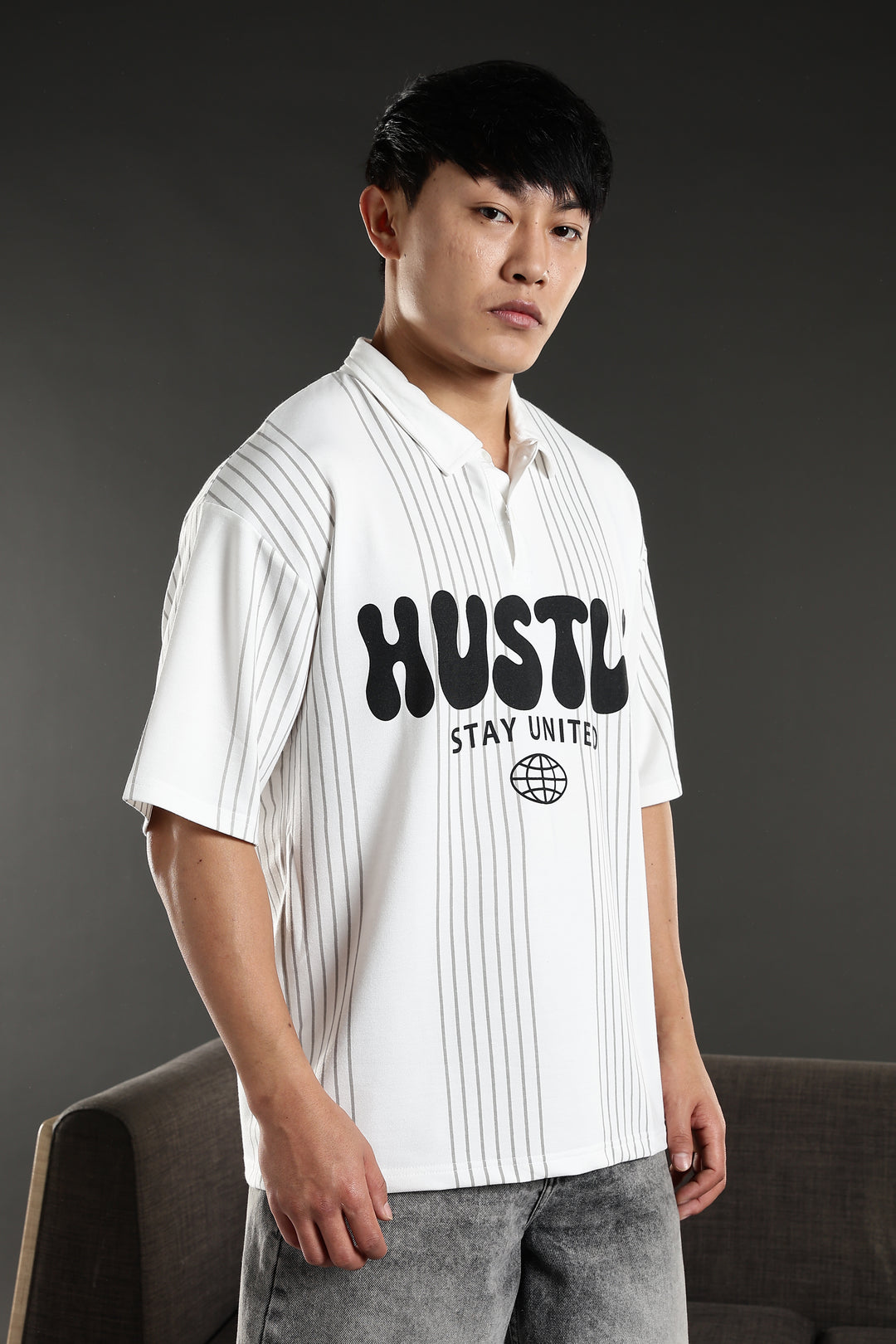 Hustle: White Oversized Polo T-shirt