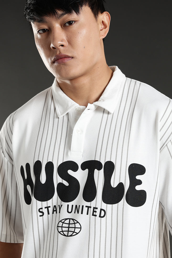 Hustle: White Oversized Polo T-shirt