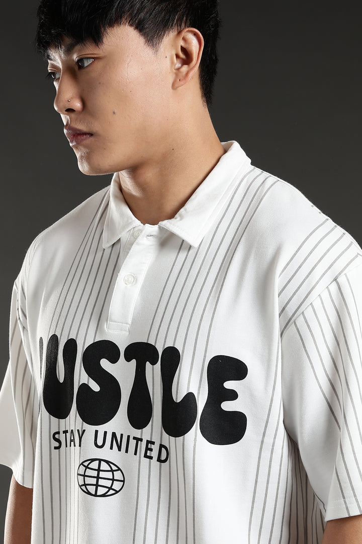 Hustle: White Oversized Polo T-shirt