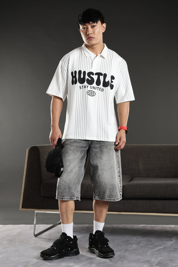 Hustle: White Oversized Polo T-shirt
