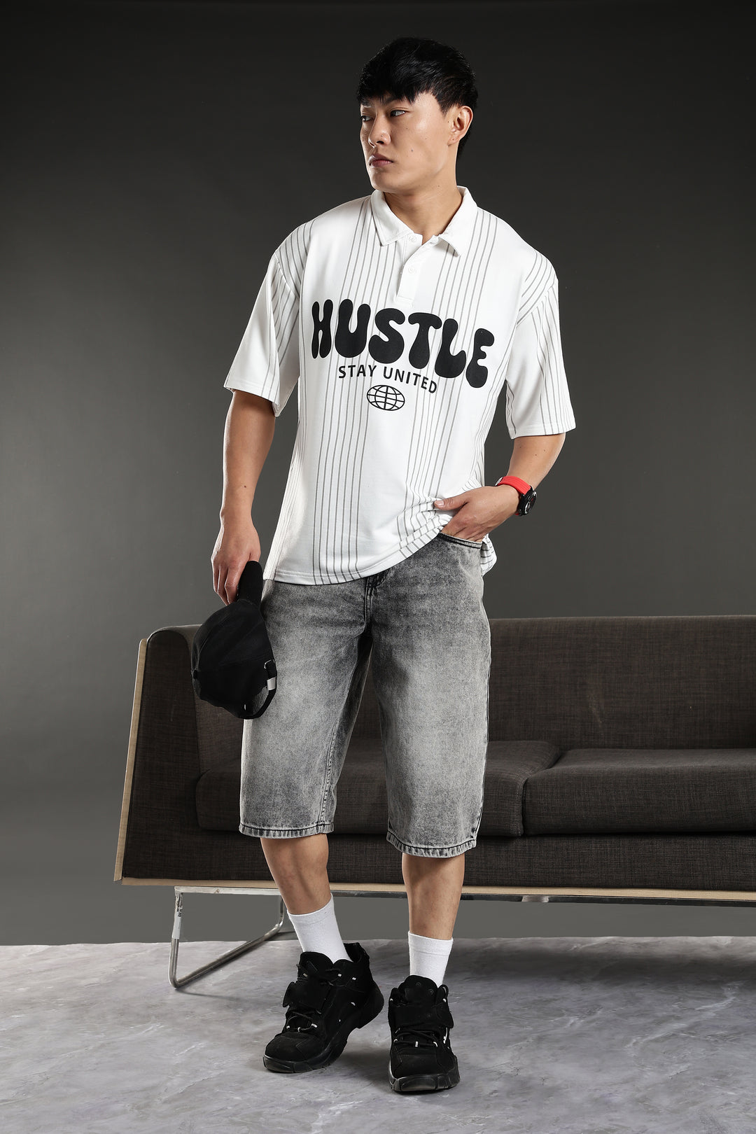 Hustle: White Oversized Polo T-shirt