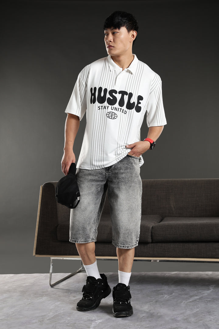 Hustle: White Oversized Polo T-shirt
