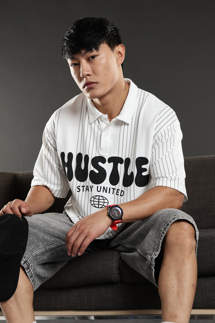 Hustle: White Oversized Polo T-shirt