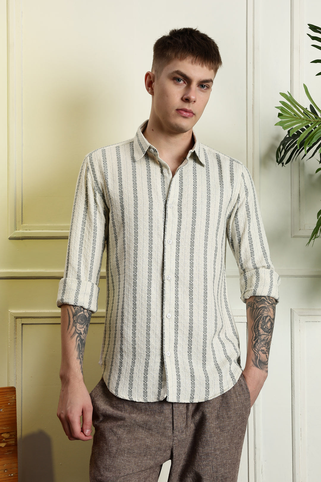 Stripes: Jaquard Green Cotton Shirt
