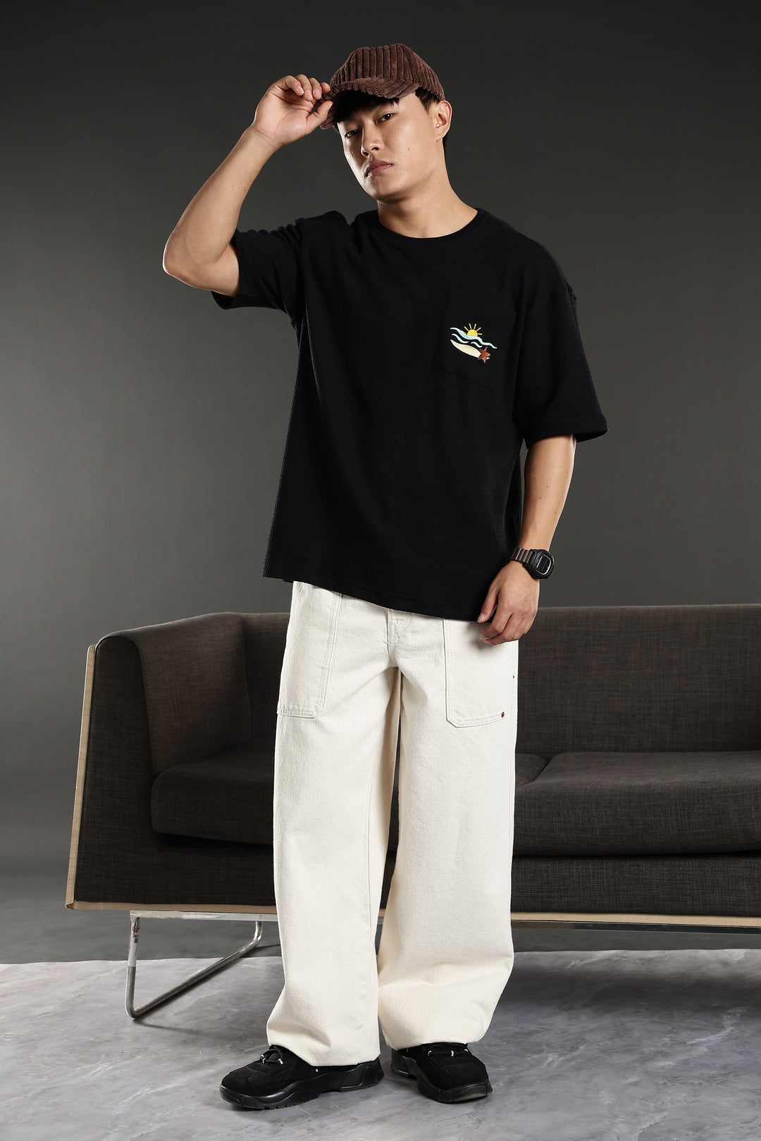 Sunset Embroidery: Textured fabric Oversized T-shirt