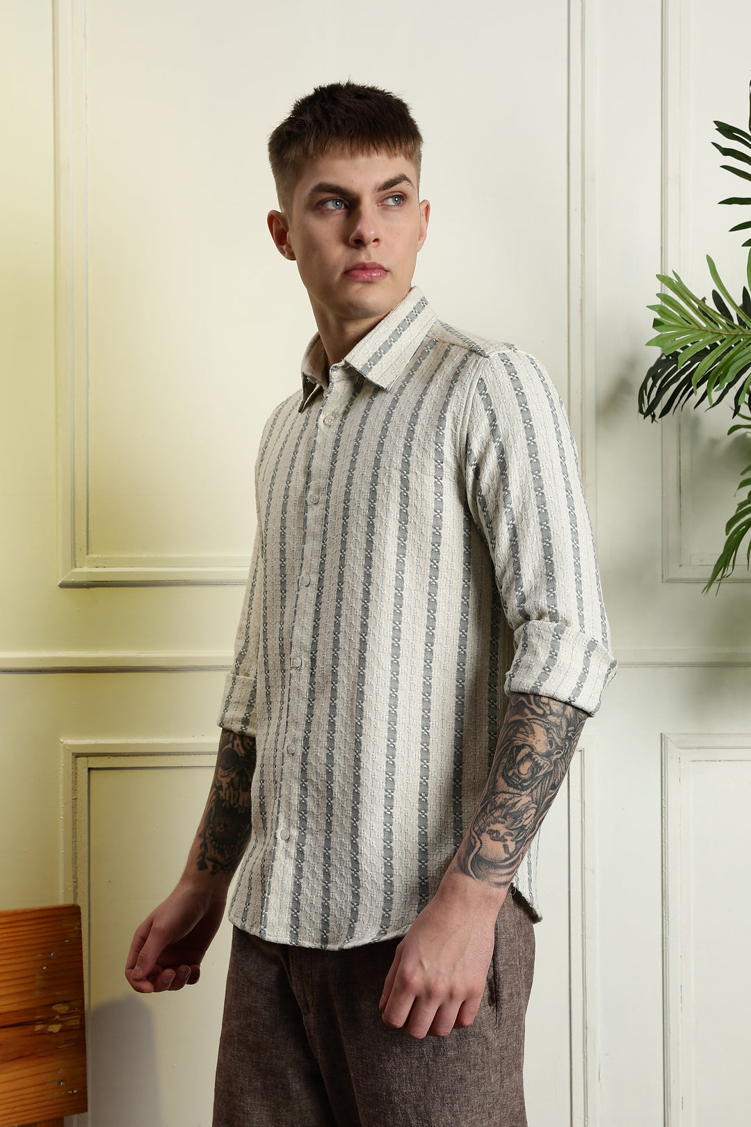 Stripes: Jaquard Green Cotton Shirt