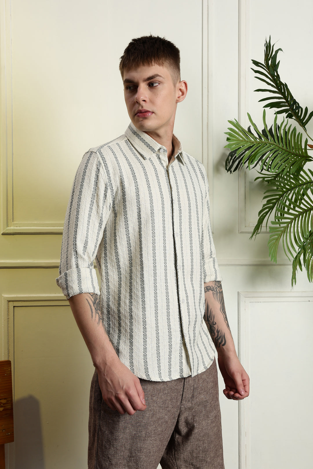 Stripes: Jaquard Green Cotton Shirt