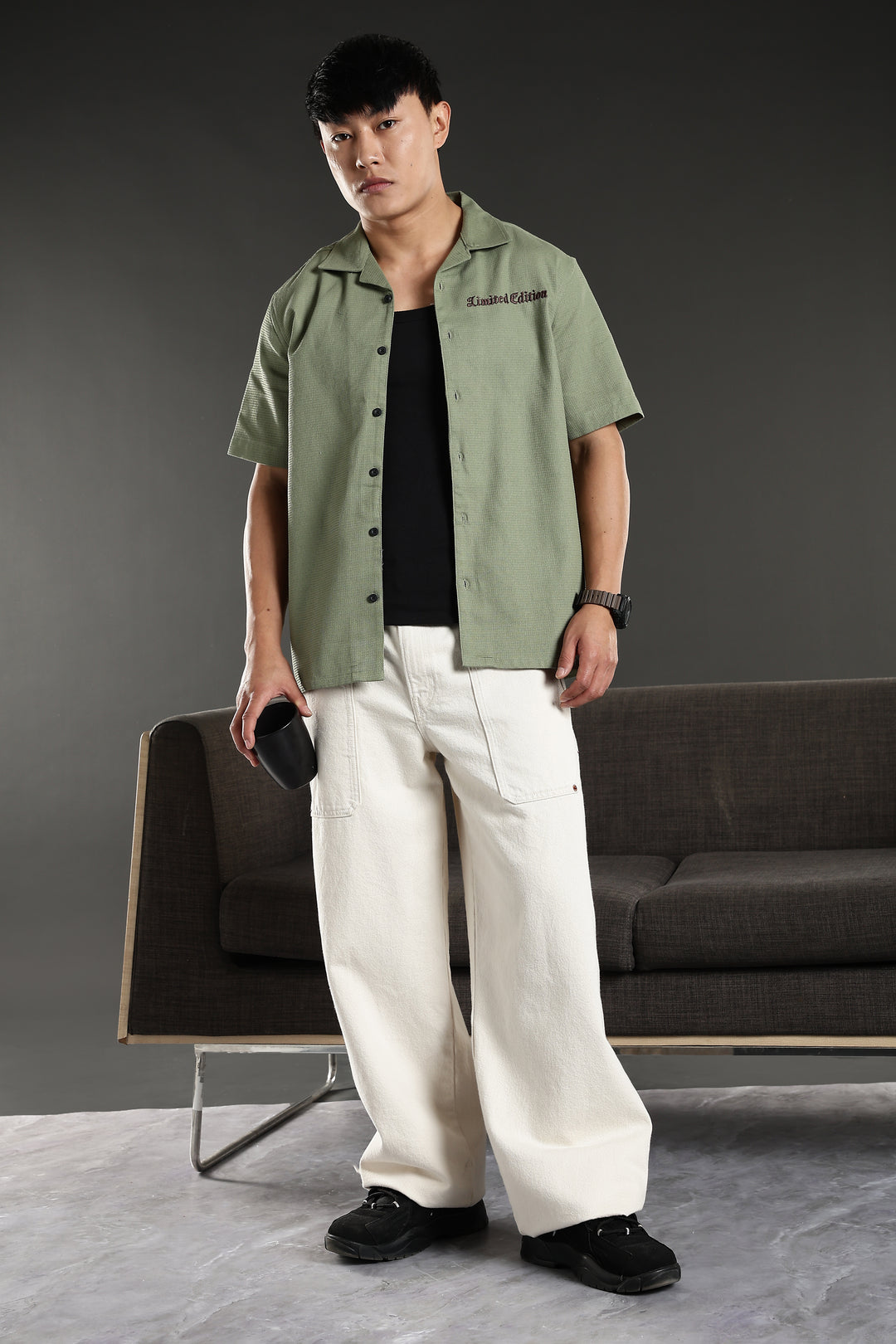 Limited Edition: Embroidery Sage Green Cotton Cuban Shirt