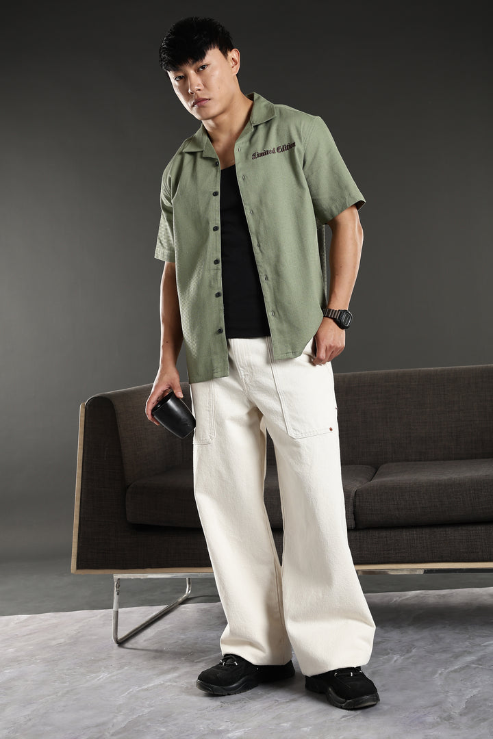 Limited Edition: Embroidery Sage Green Cotton Cuban Shirt