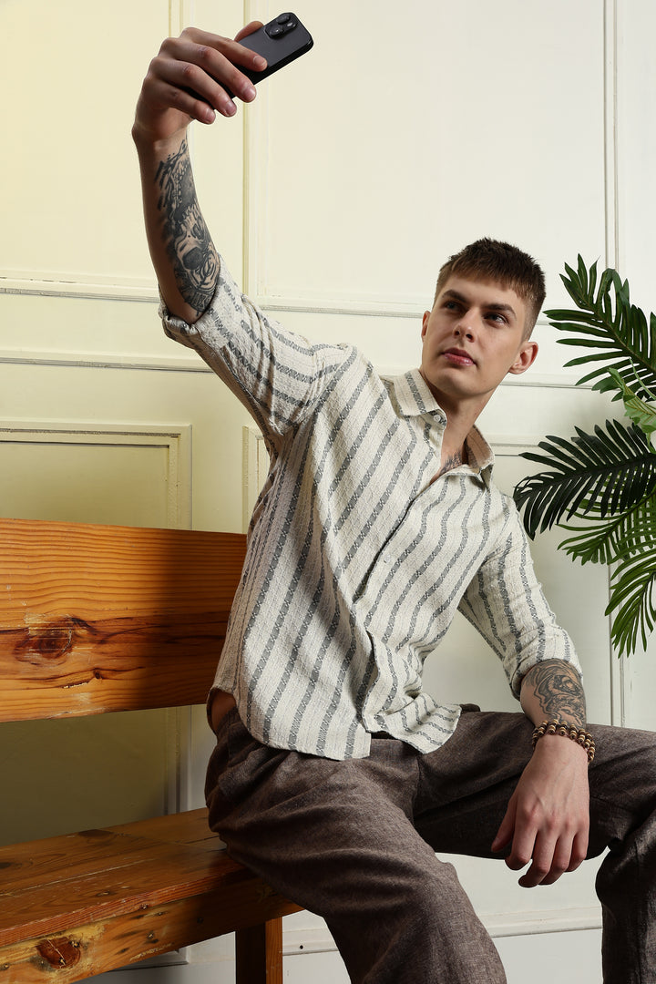 Stripes: Jaquard Green Cotton Shirt
