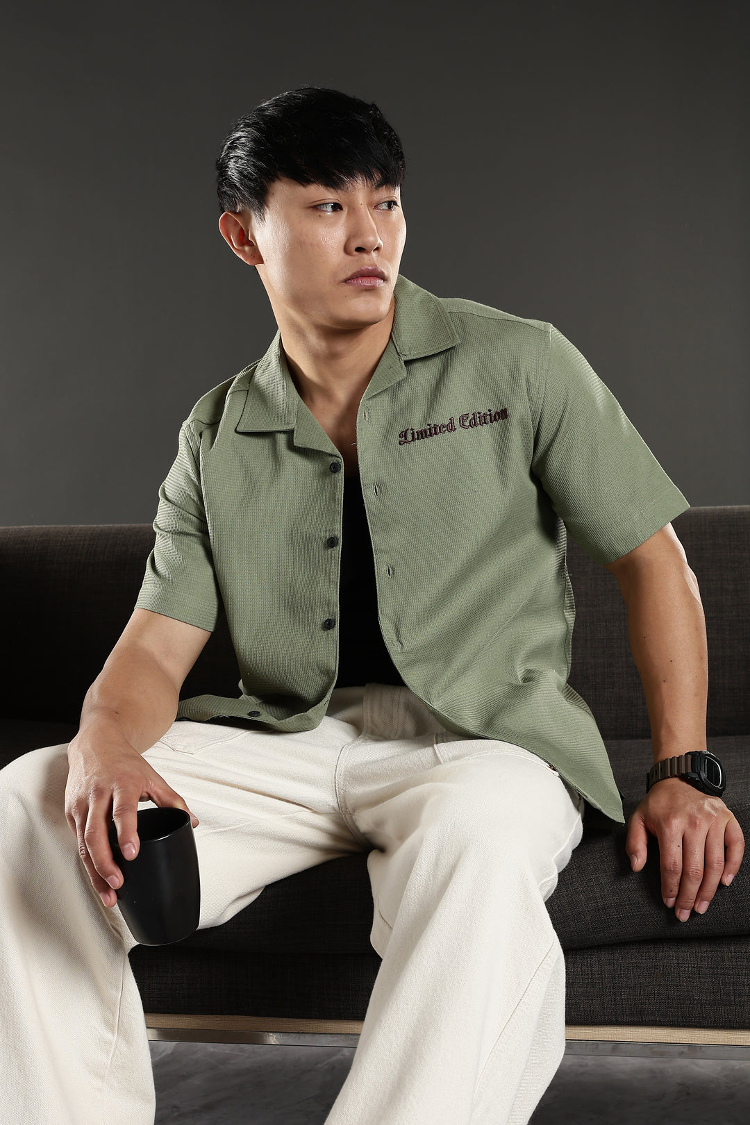 Limited Edition: Embroidery Sage Green Cotton Cuban Shirt