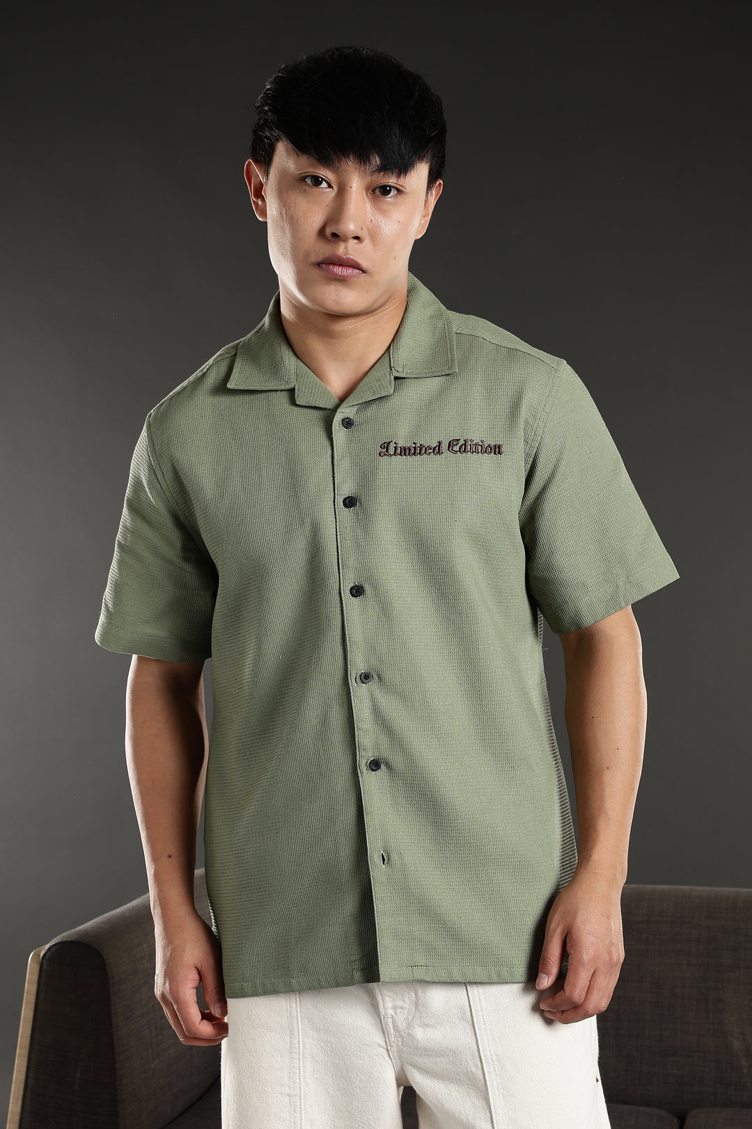 Limited Edition: Embroidery Sage Green Cotton Cuban Shirt