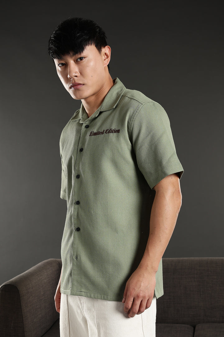 Limited Edition: Embroidery Sage Green Cotton Cuban Shirt