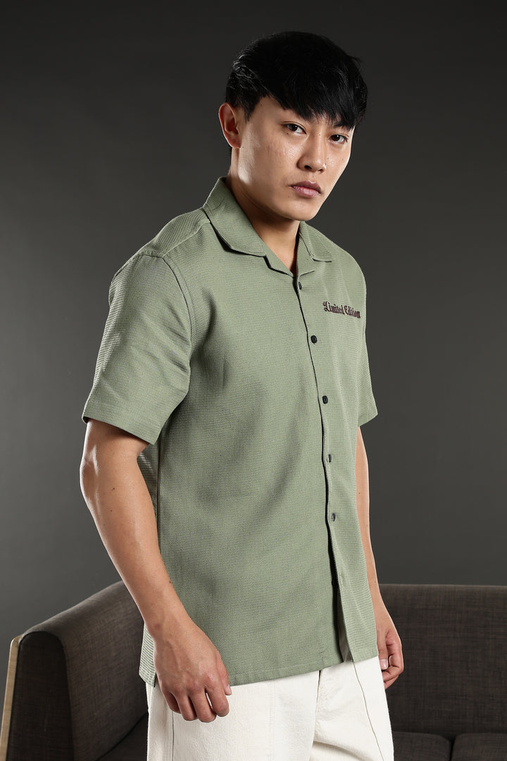 Limited Edition: Embroidery Sage Green Cotton Cuban Shirt