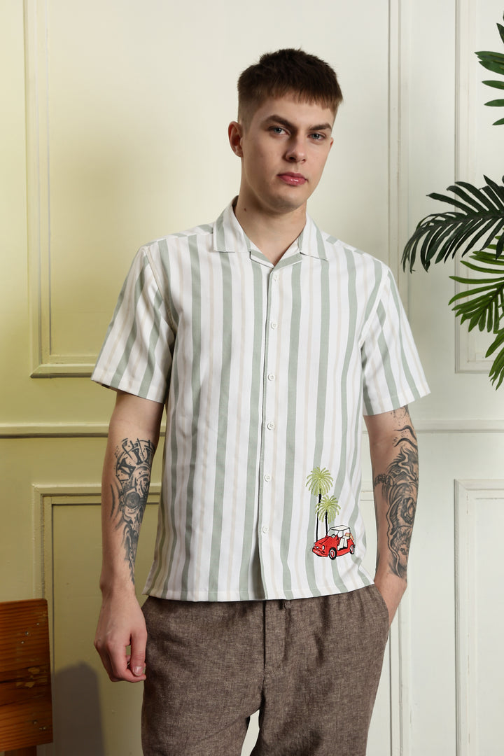 Stripes Car Embroidery Cuban Shirt