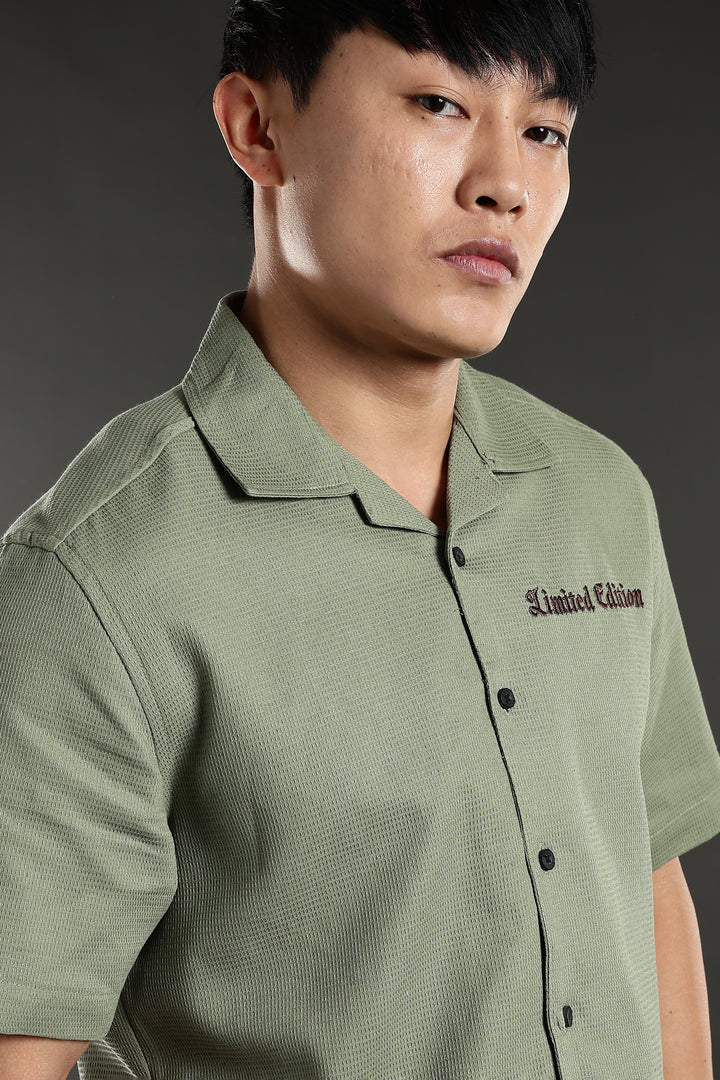 Limited Edition: Embroidery Sage Green Cotton Cuban Shirt