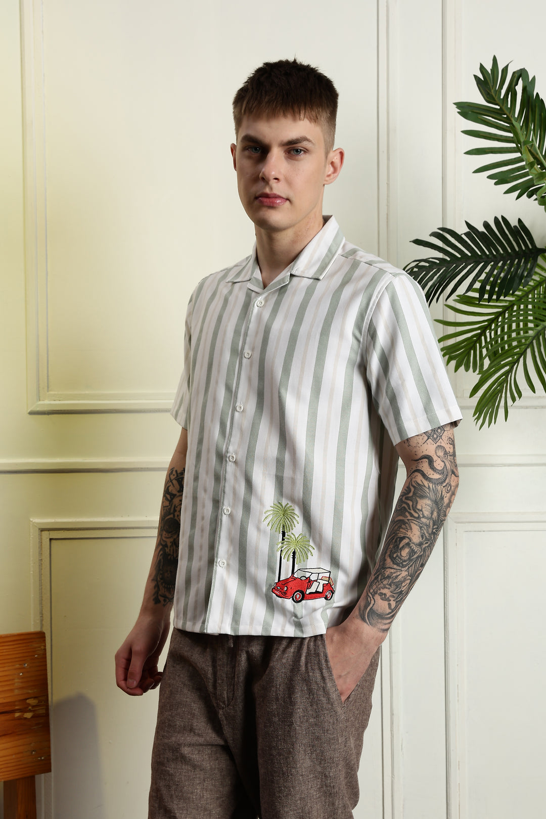 Stripes Car Embroidery Cuban Shirt