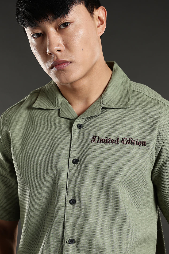 Limited Edition: Embroidery Sage Green Cotton Cuban Shirt