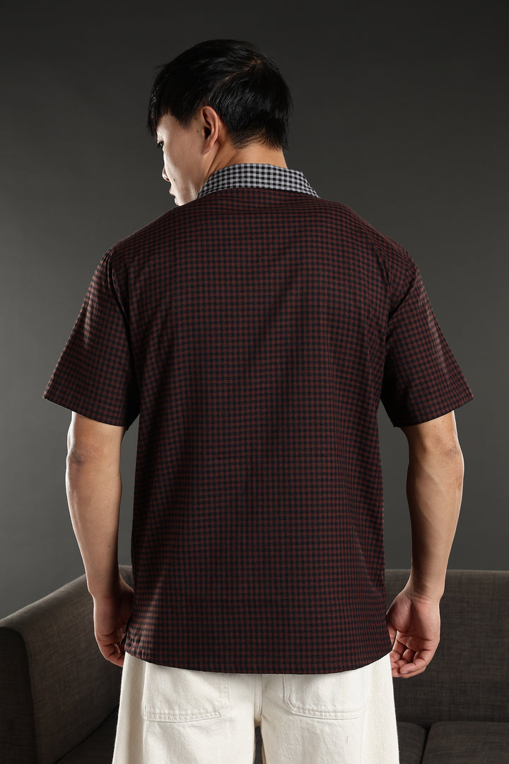 Peace: Brown Checks Embroidery cuban Shirt