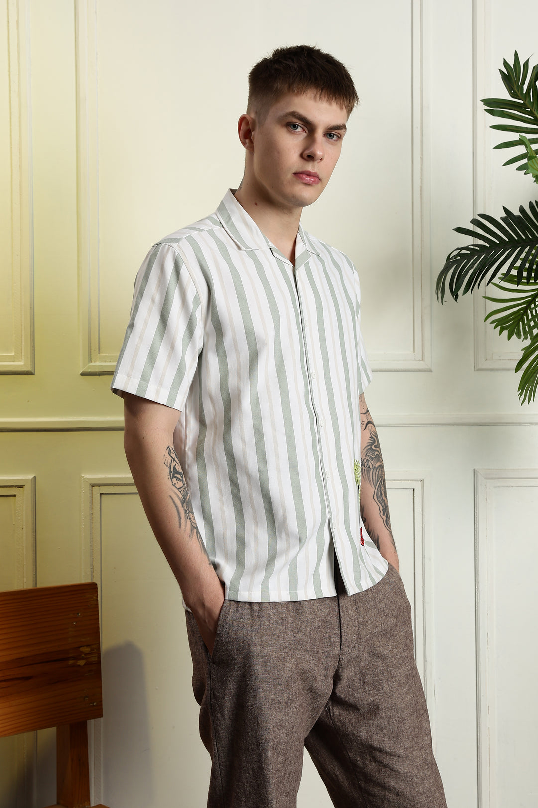 Stripes Car Embroidery Cuban Shirt