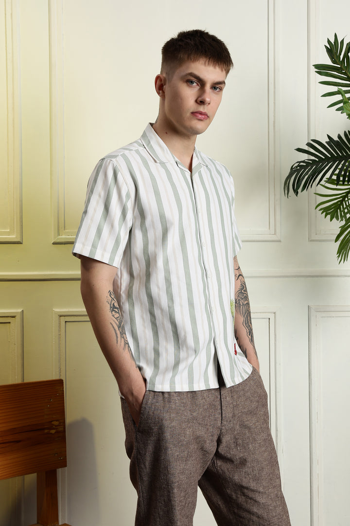 Stripes Car Embroidery Cuban Shirt