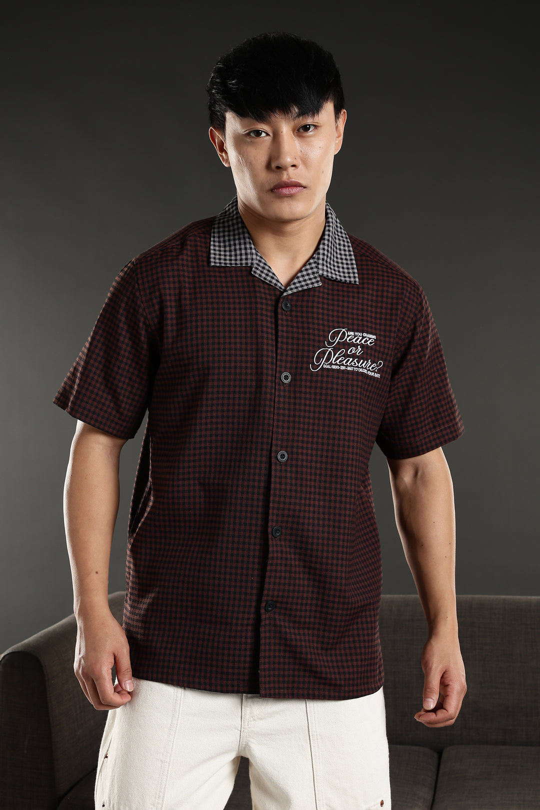 Peace: Brown Checks Embroidery cuban Shirt