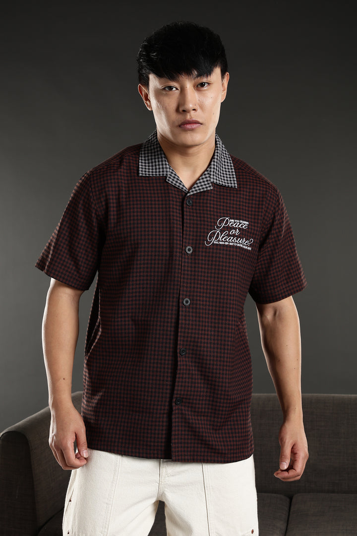 Peace: Brown Checks Embroidery cuban Shirt