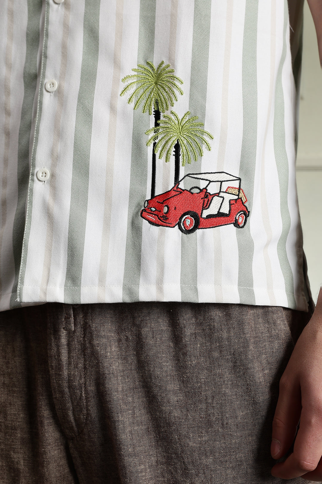 Stripes Car Embroidery Cuban Shirt